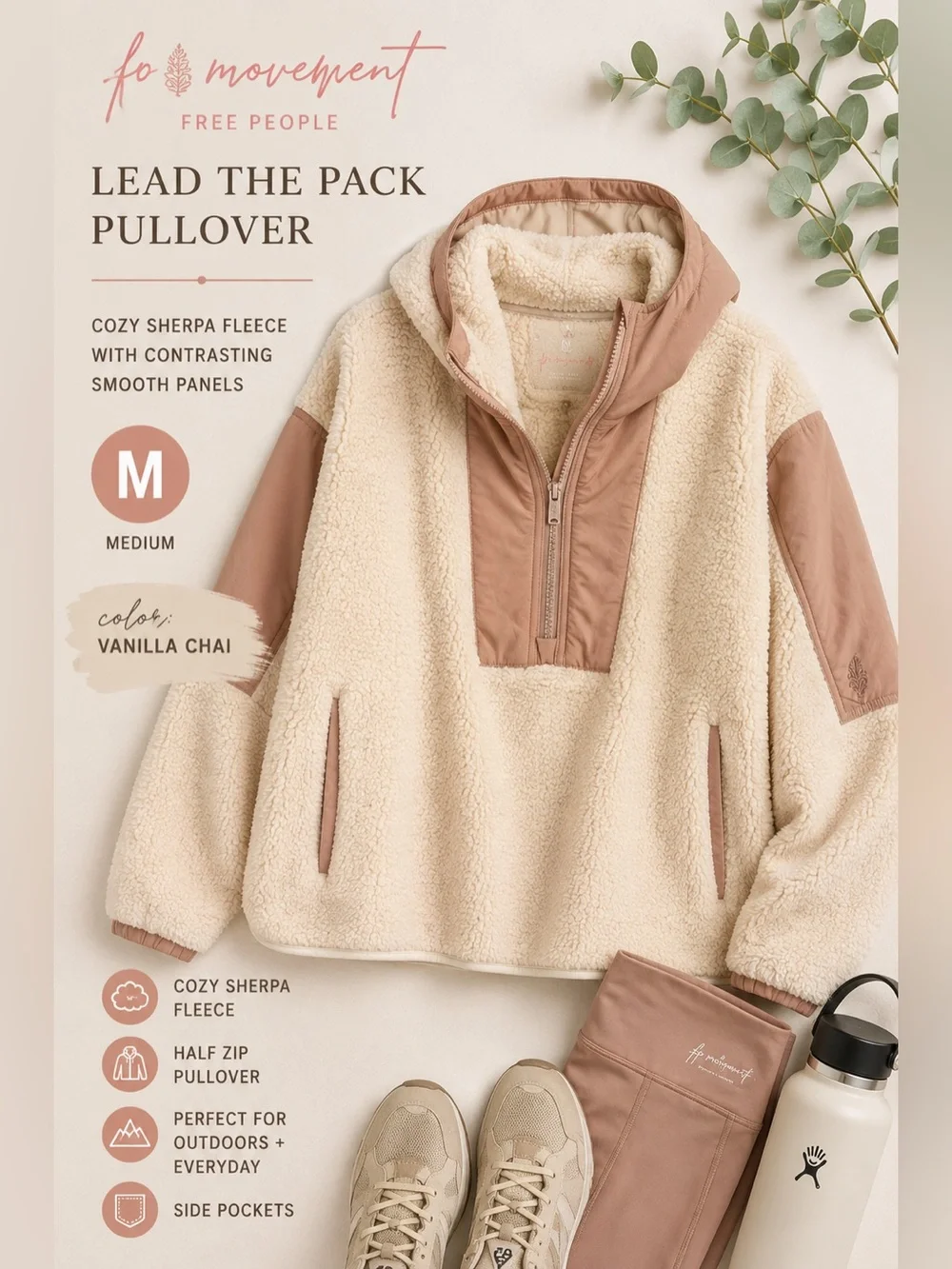 Free People FP Movement Lead The Pack Pullover M Vanilla Chai Sherpa Fleece